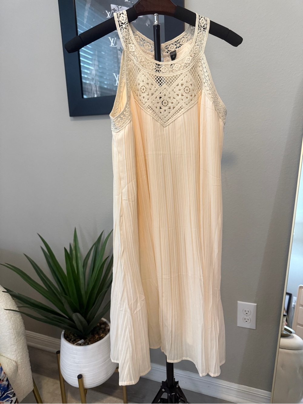 Sleeveless Crochet Yoke Midi Dress in Cream